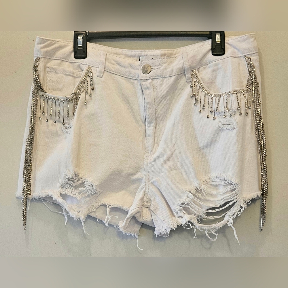 Rue21 White Distressed Denim Shorts with Silver Fringe